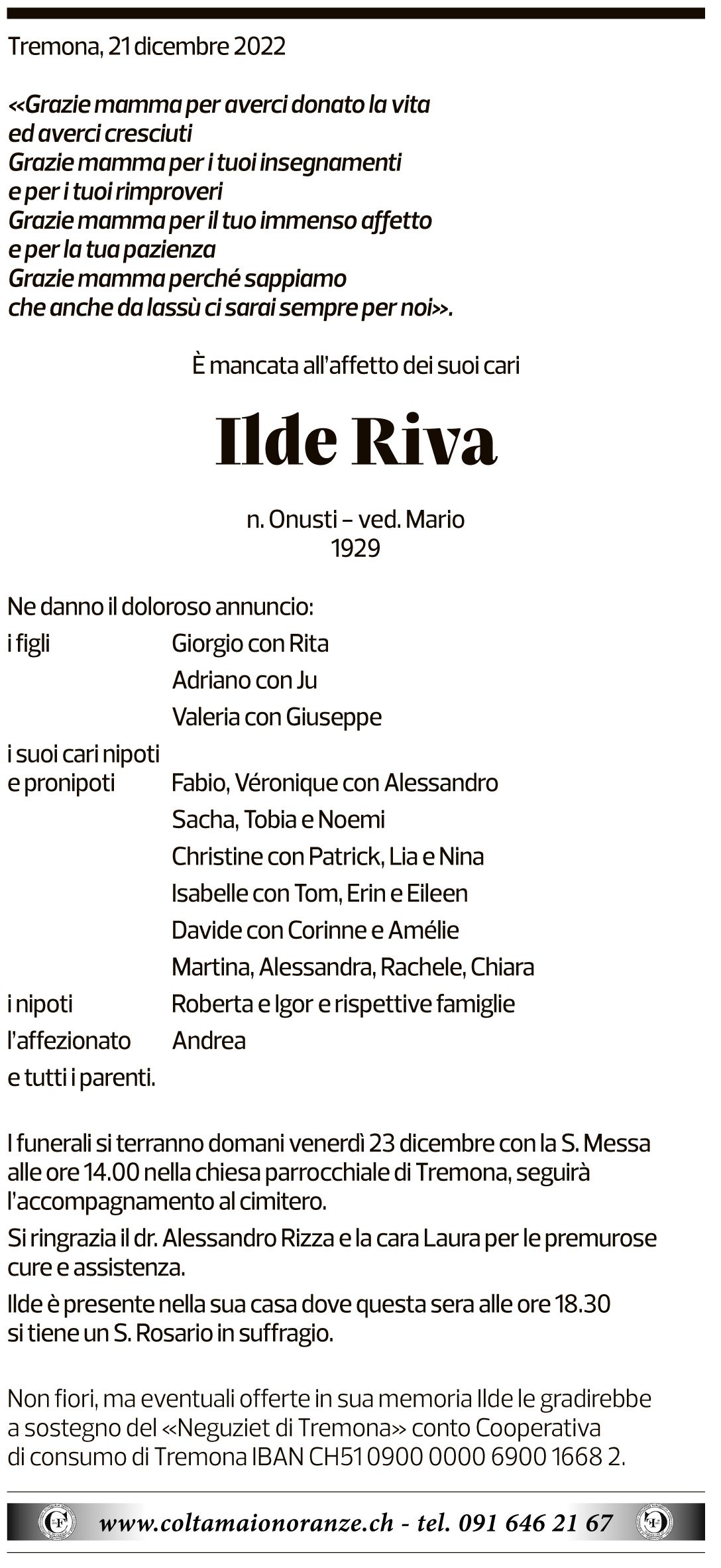 Annuncio funebre Ilde Riva