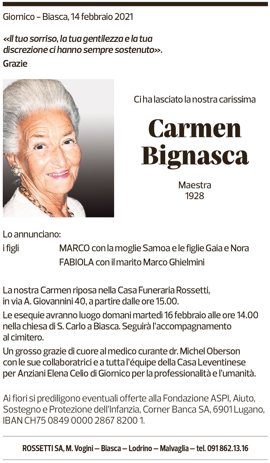 Annuncio funebre Carmen Bignasca