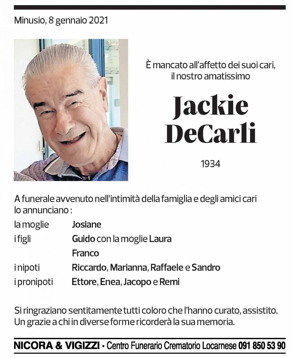 Annuncio funebre Jackie Decarli