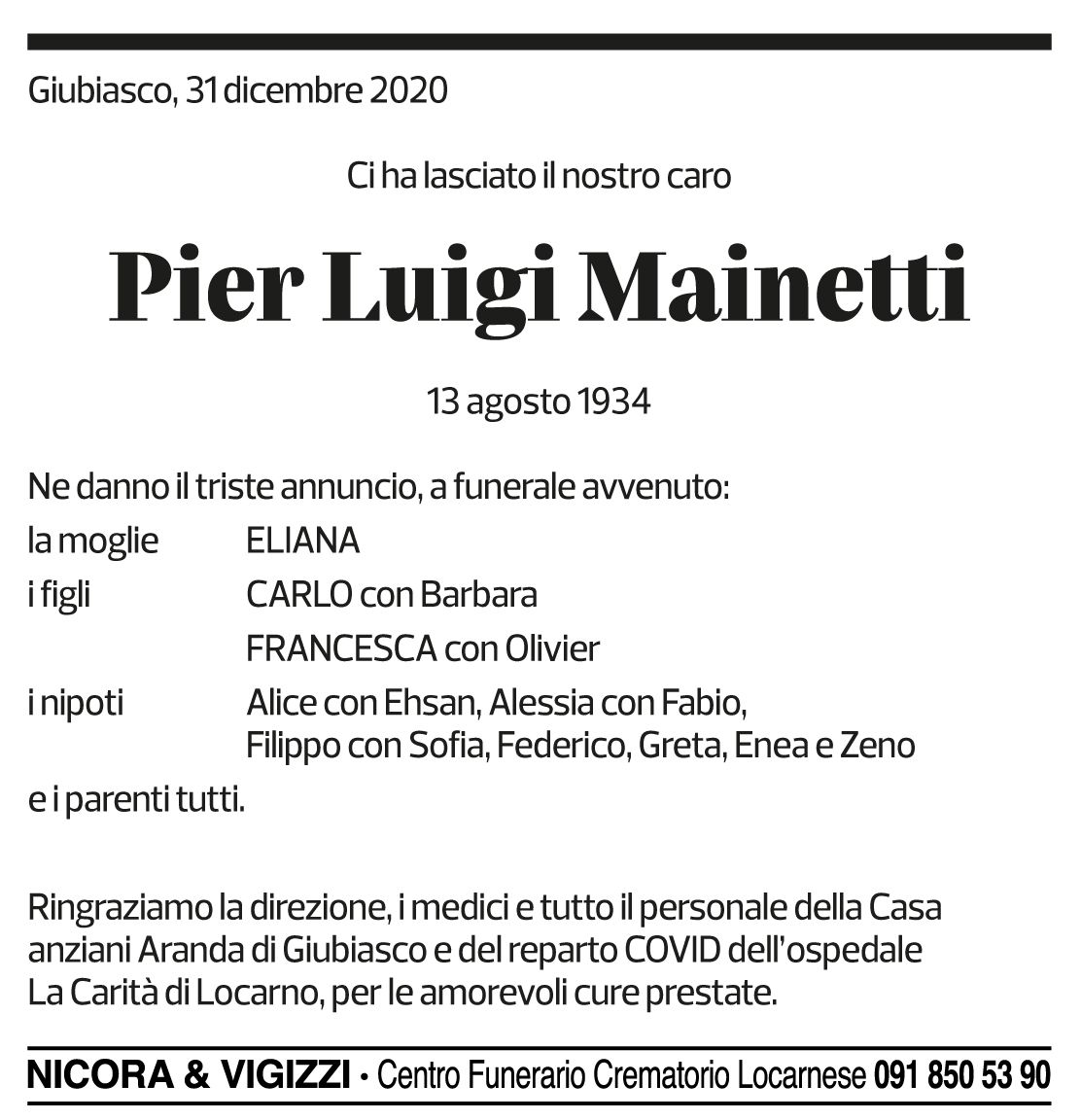 Annuncio funebre Pier Luigi Mainetti