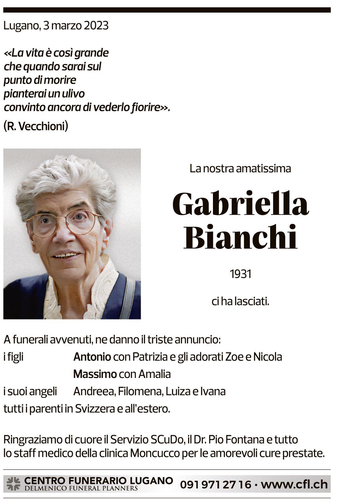 Annuncio funebre Gabriella Bianchi