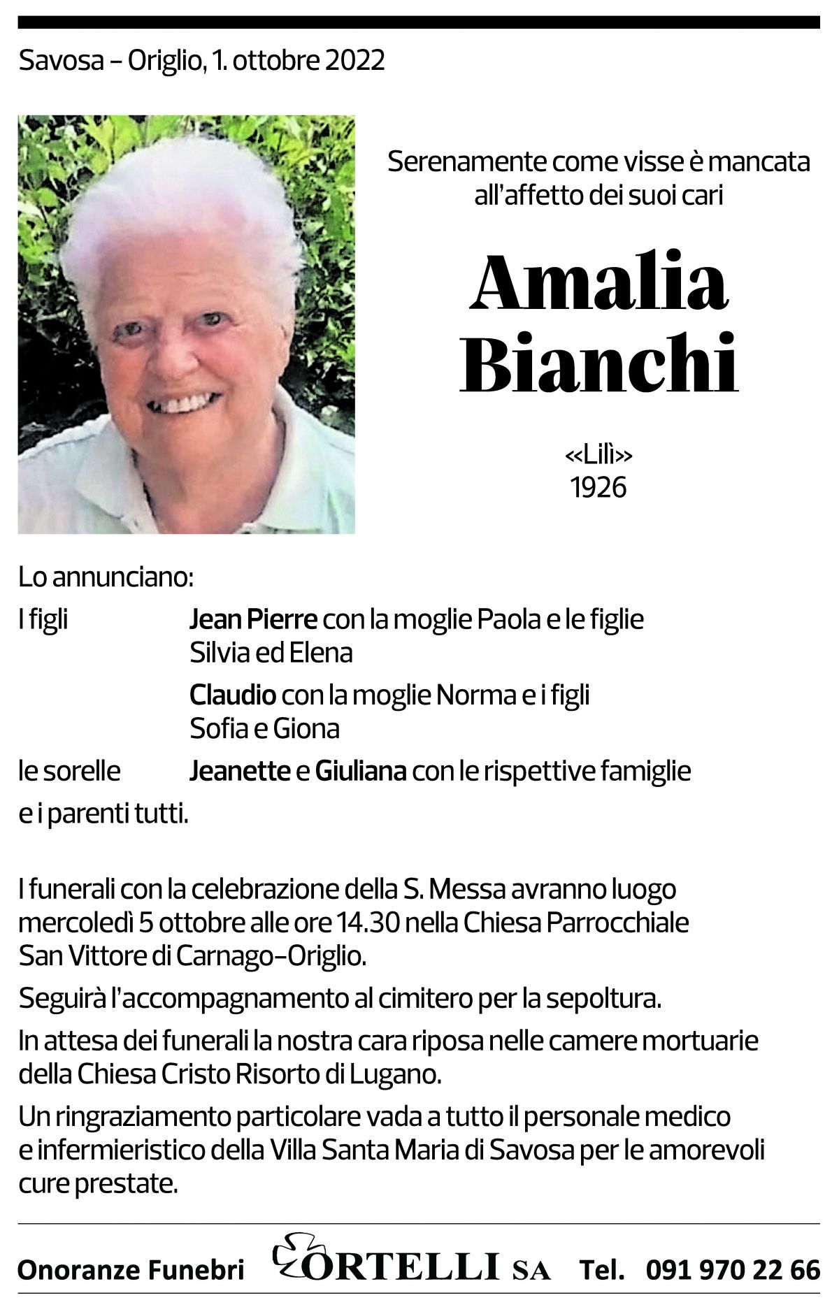 Annuncio funebre Amalia Bianchi