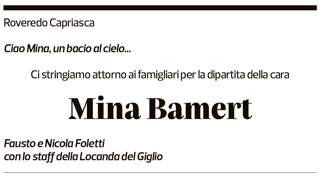 Annuncio funebre Mina Bamert