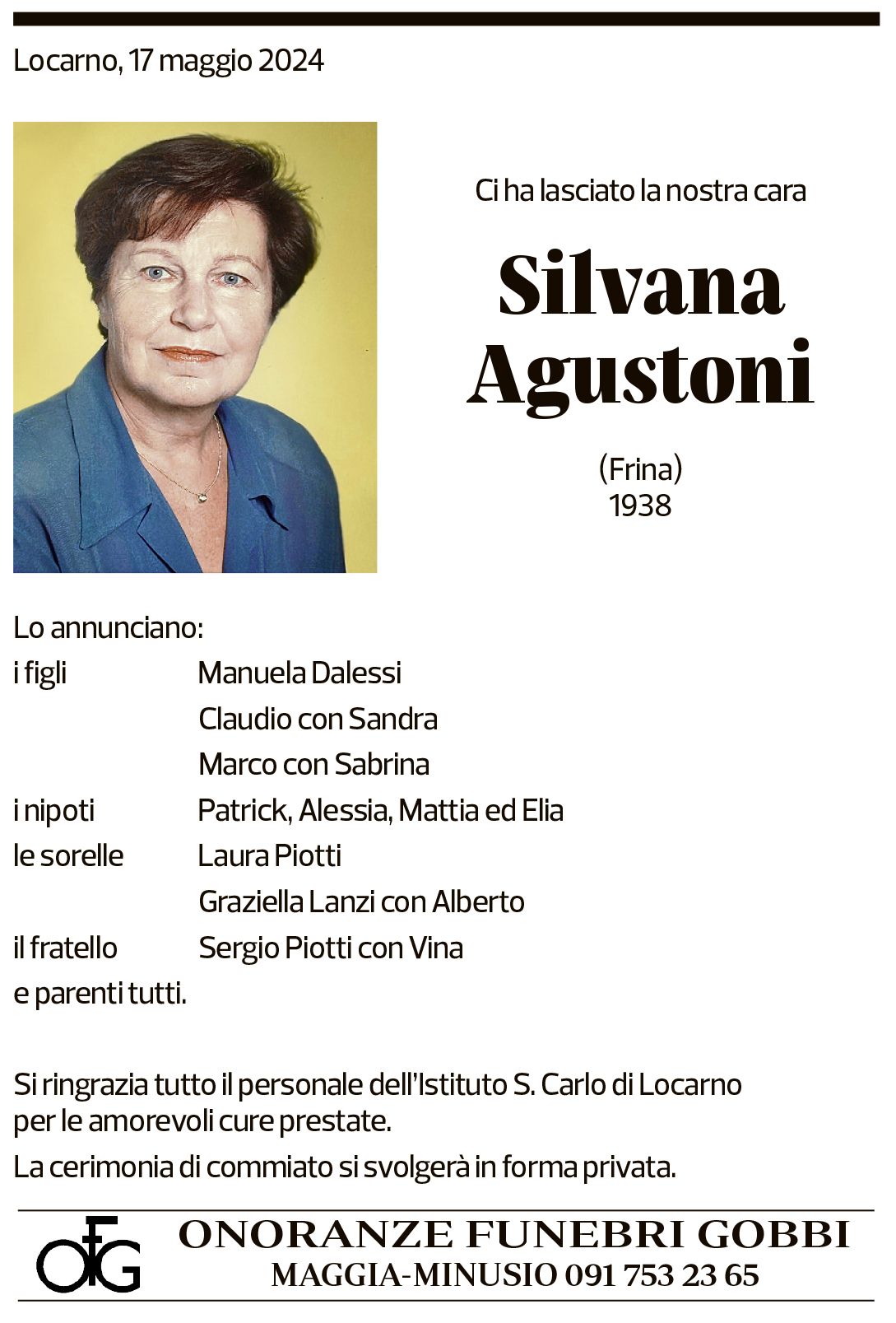 Annuncio funebre Silvana Agustoni