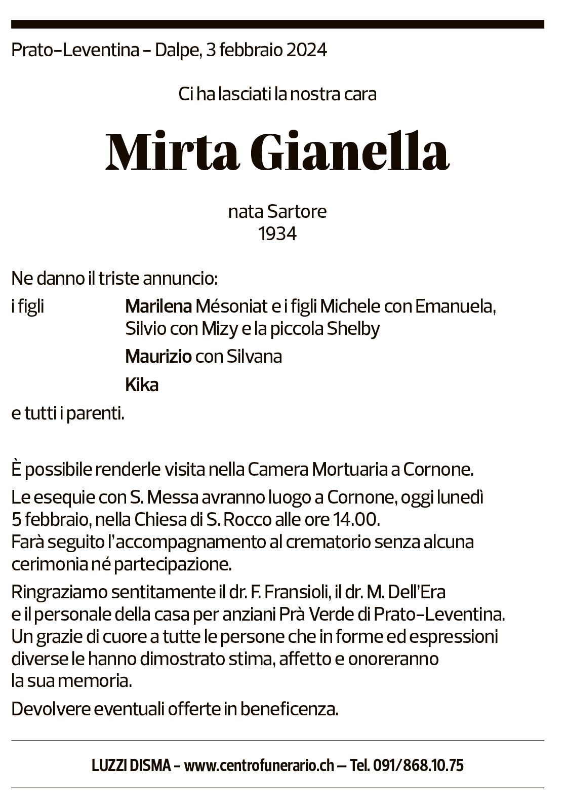 Annuncio funebre Mirta Gianella