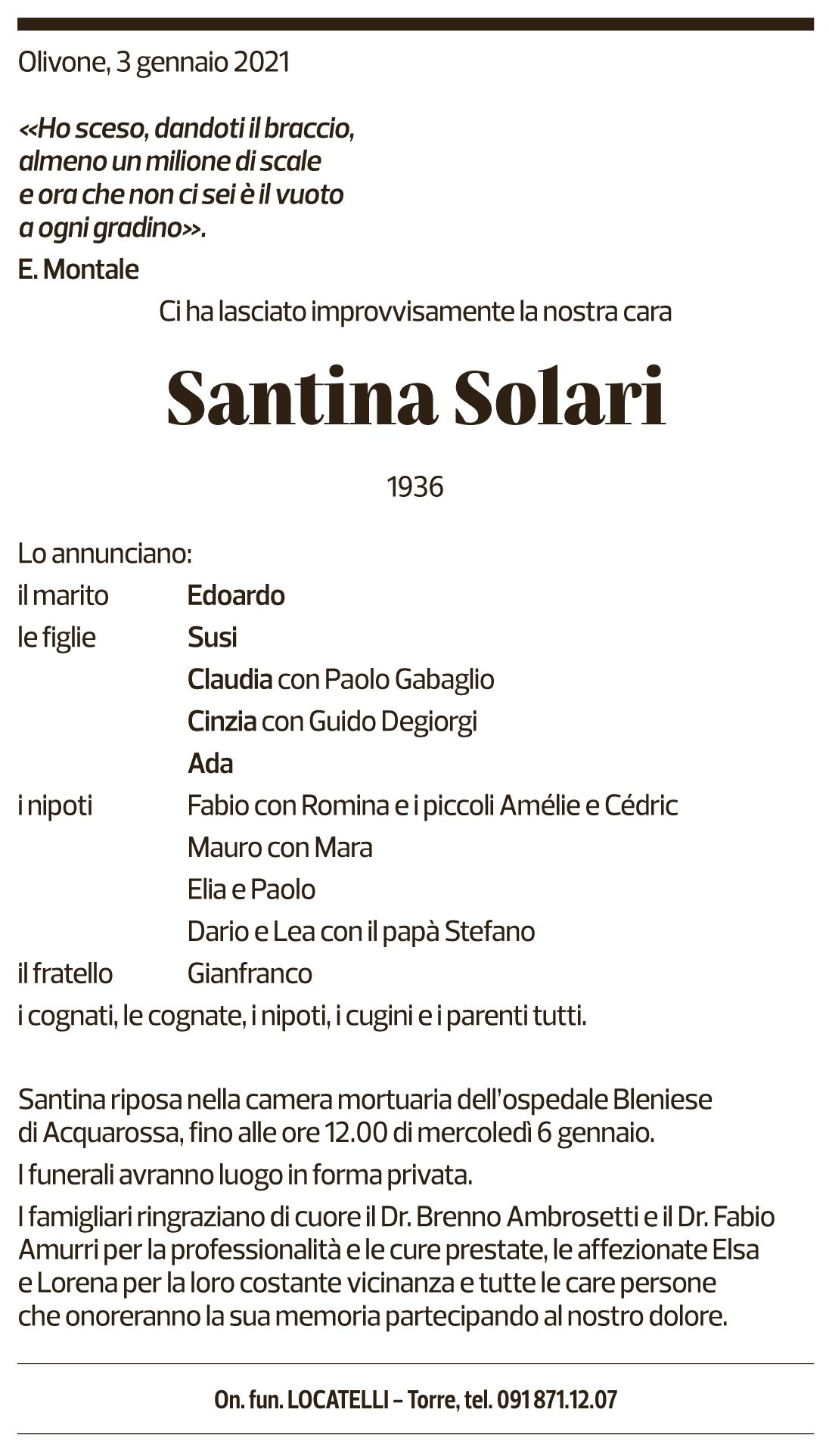 Annuncio funebre Santina Solari