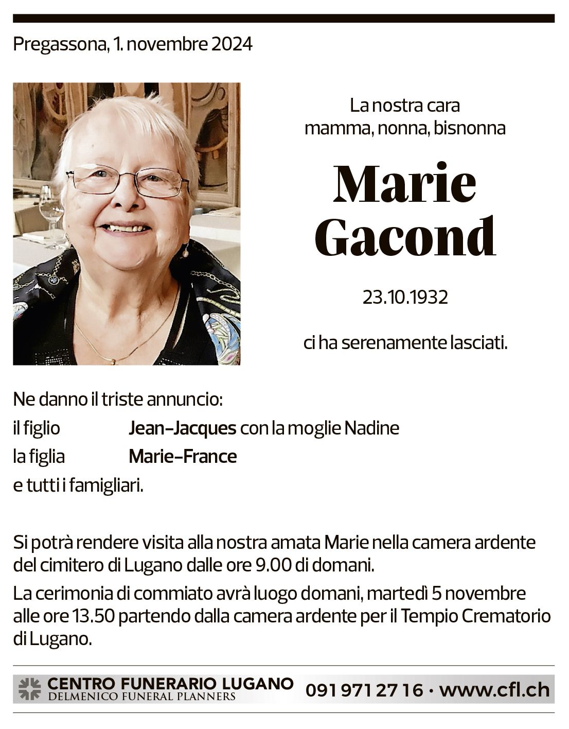 Annuncio funebre Marie Gacond