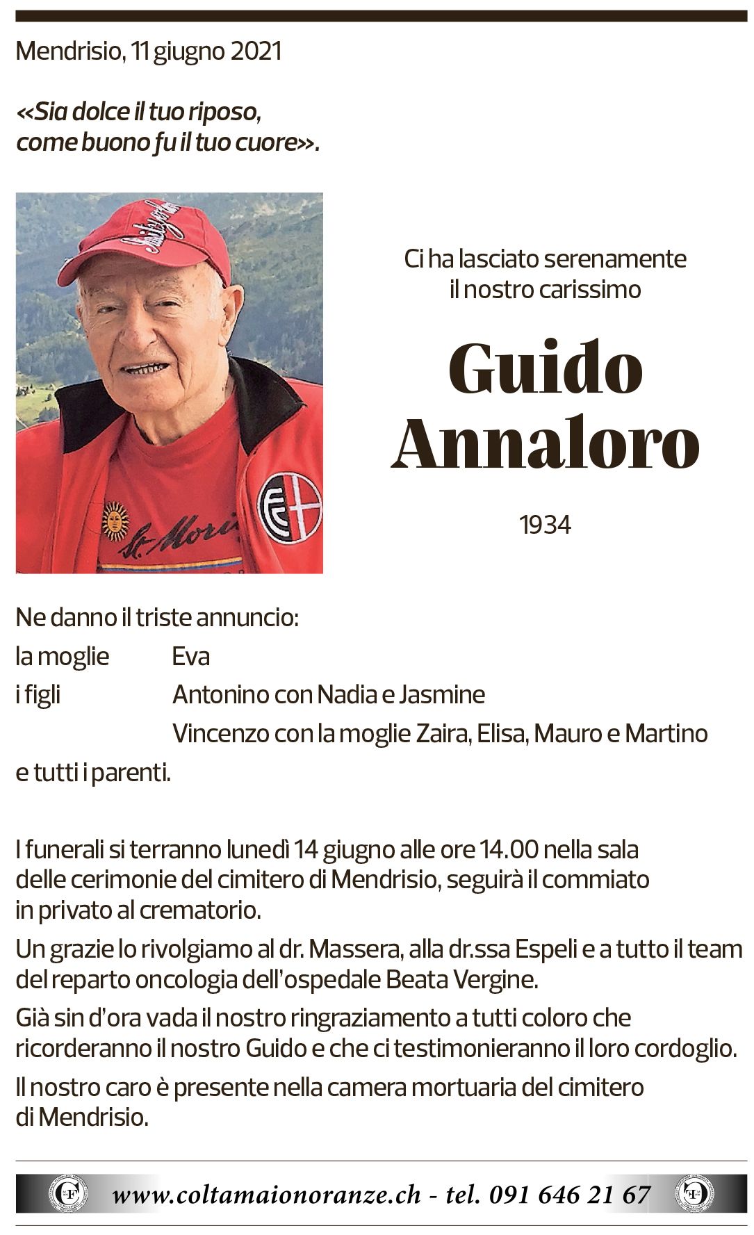 Annuncio funebre Guido Bernasconi