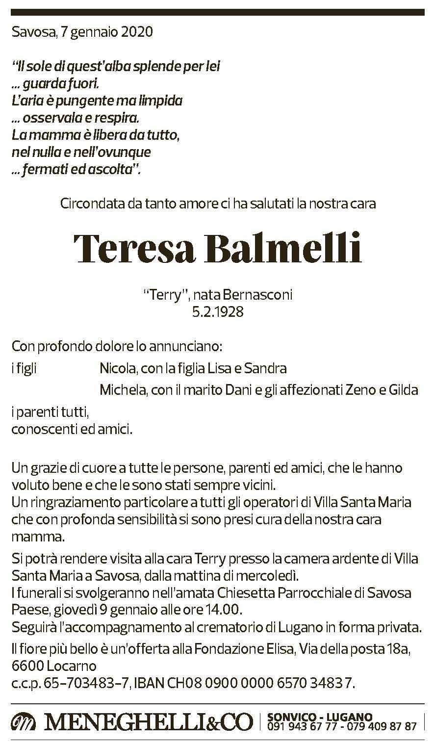 Annuncio funebre Teresa Balmelli