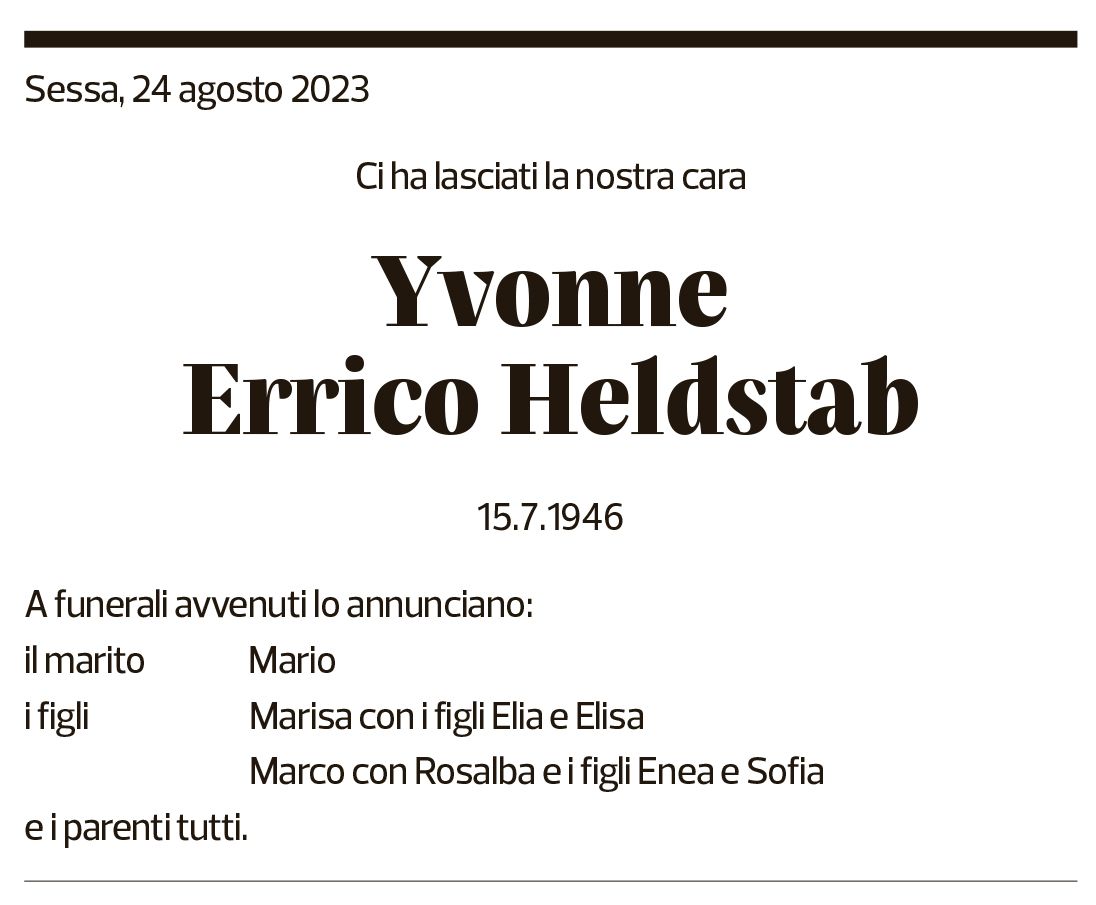 Annuncio funebre Yvonne Errico Heldstab