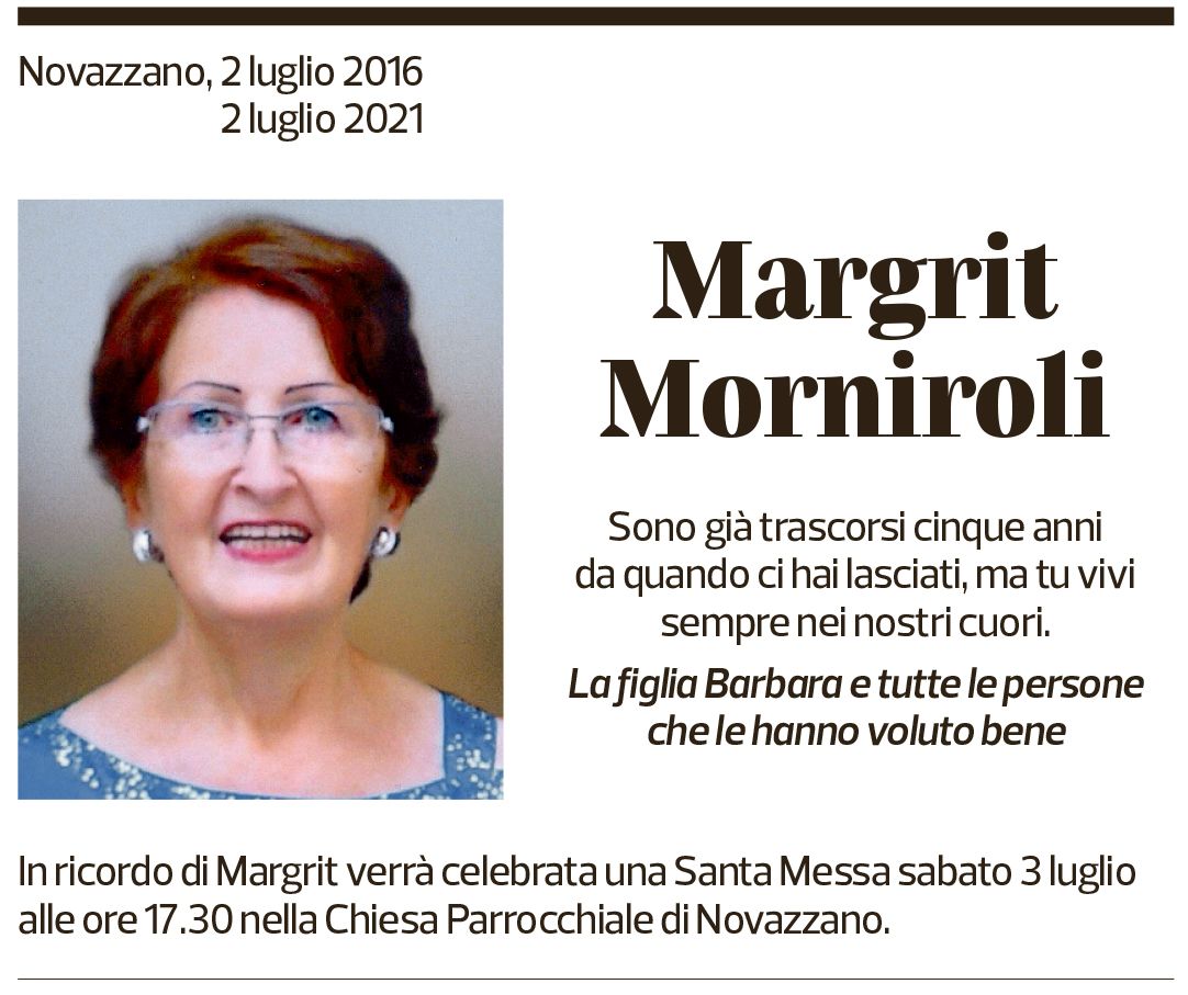 Annuncio funebre Margrit Morniroli