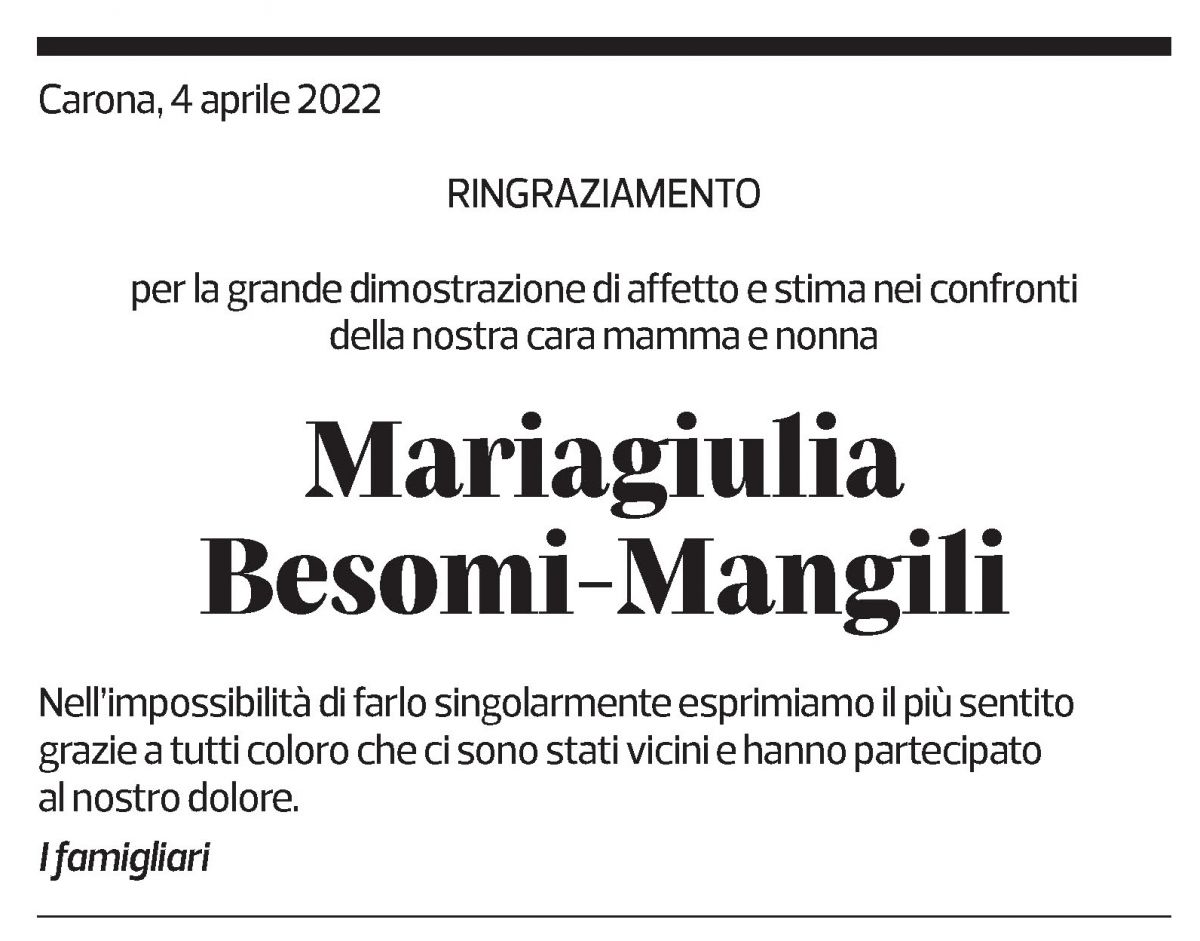 Annuncio funebre Mariagiulia Besomi-mangili