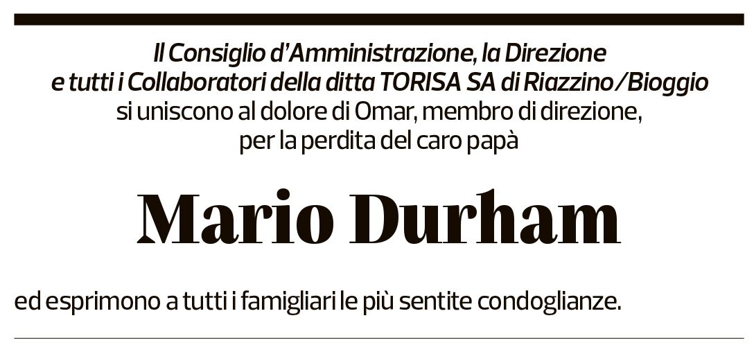 Annuncio funebre Mario Durham
