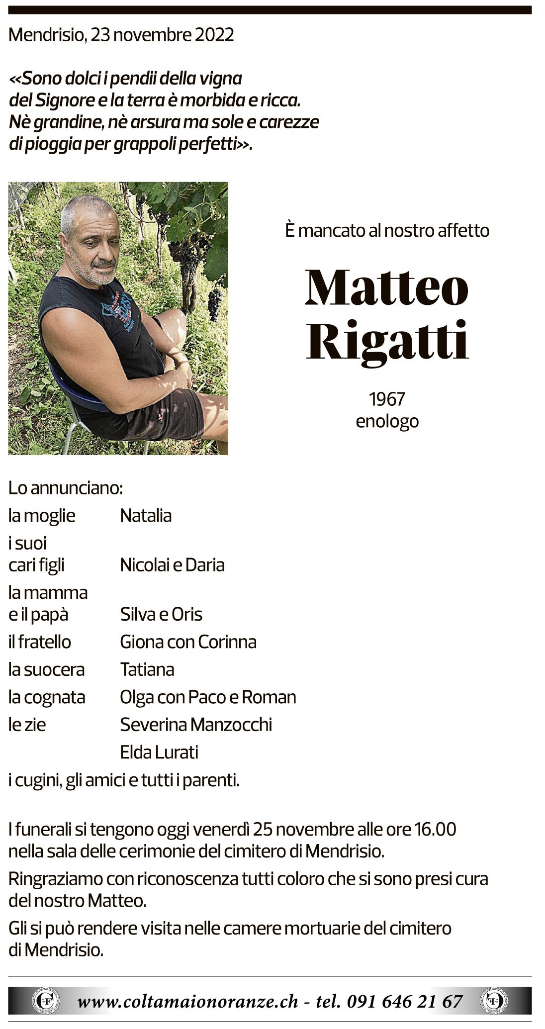 Annuncio funebre Matteo Rigatti