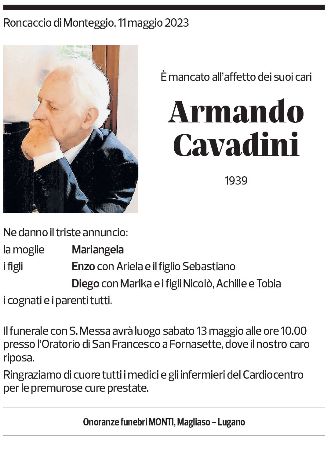 Annuncio funebre Armando Cavadini