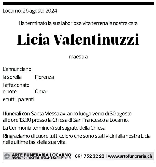 Annuncio funebre Licia Valentinuzzi