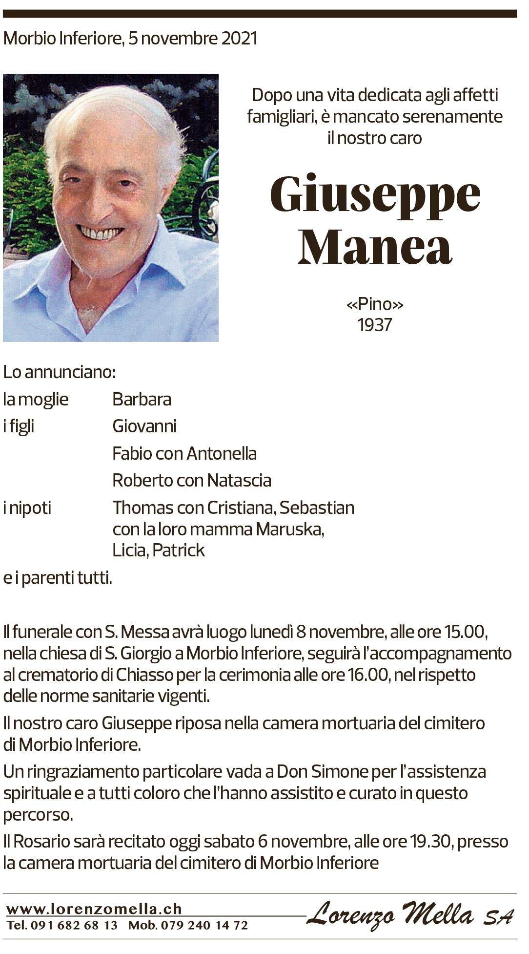 Annuncio funebre Giuseppe Manea