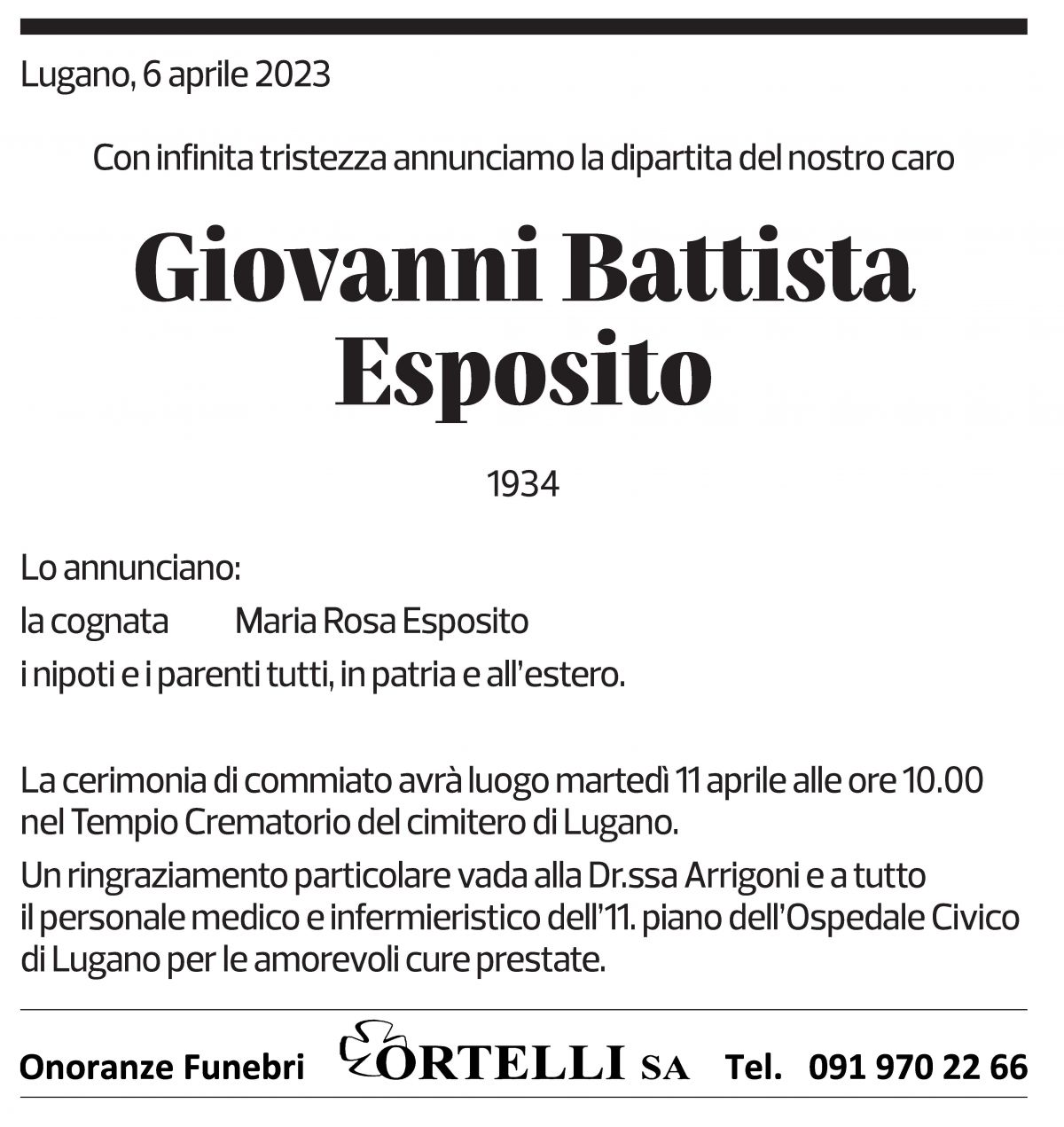 Annuncio funebre Giovanni Battista Esposito