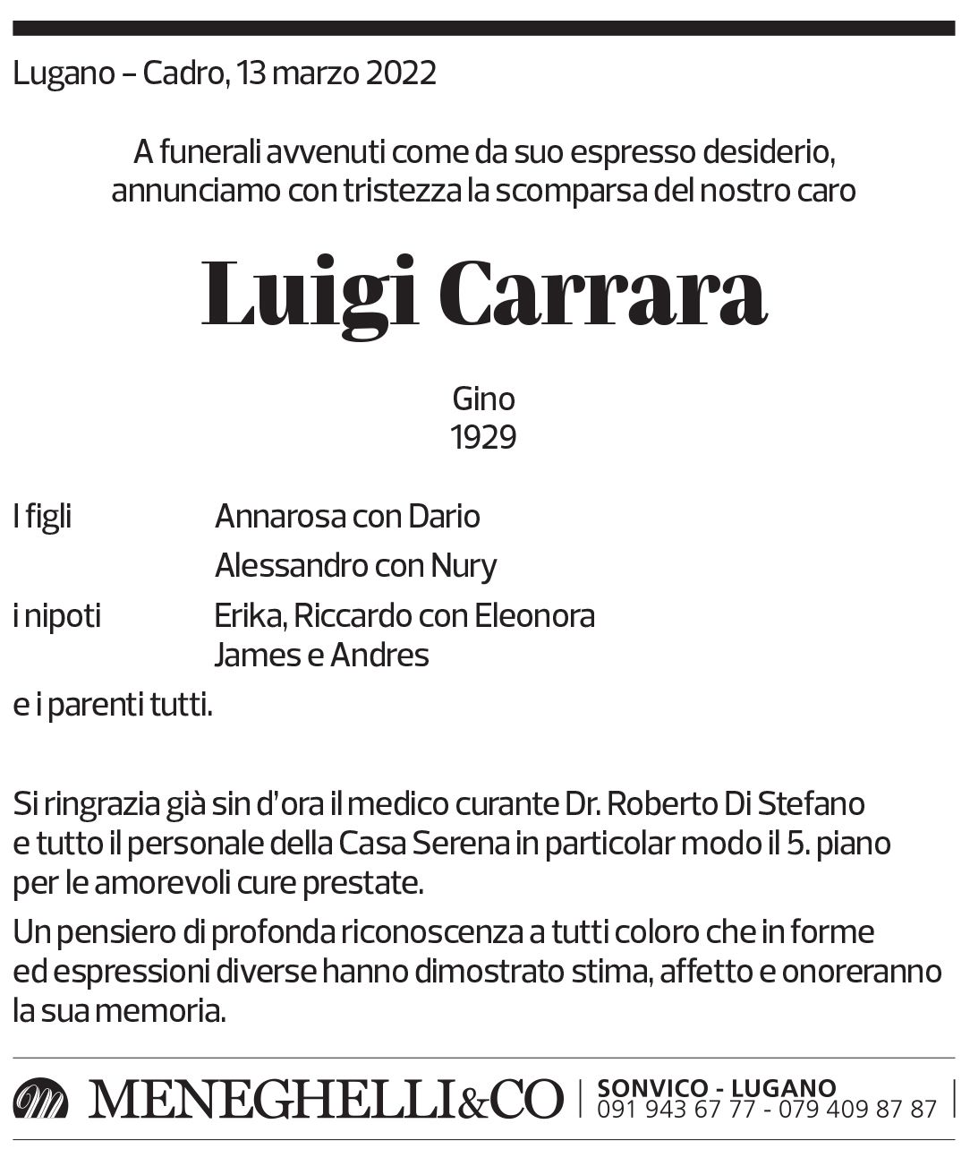 Annuncio funebre Luigi Carrara