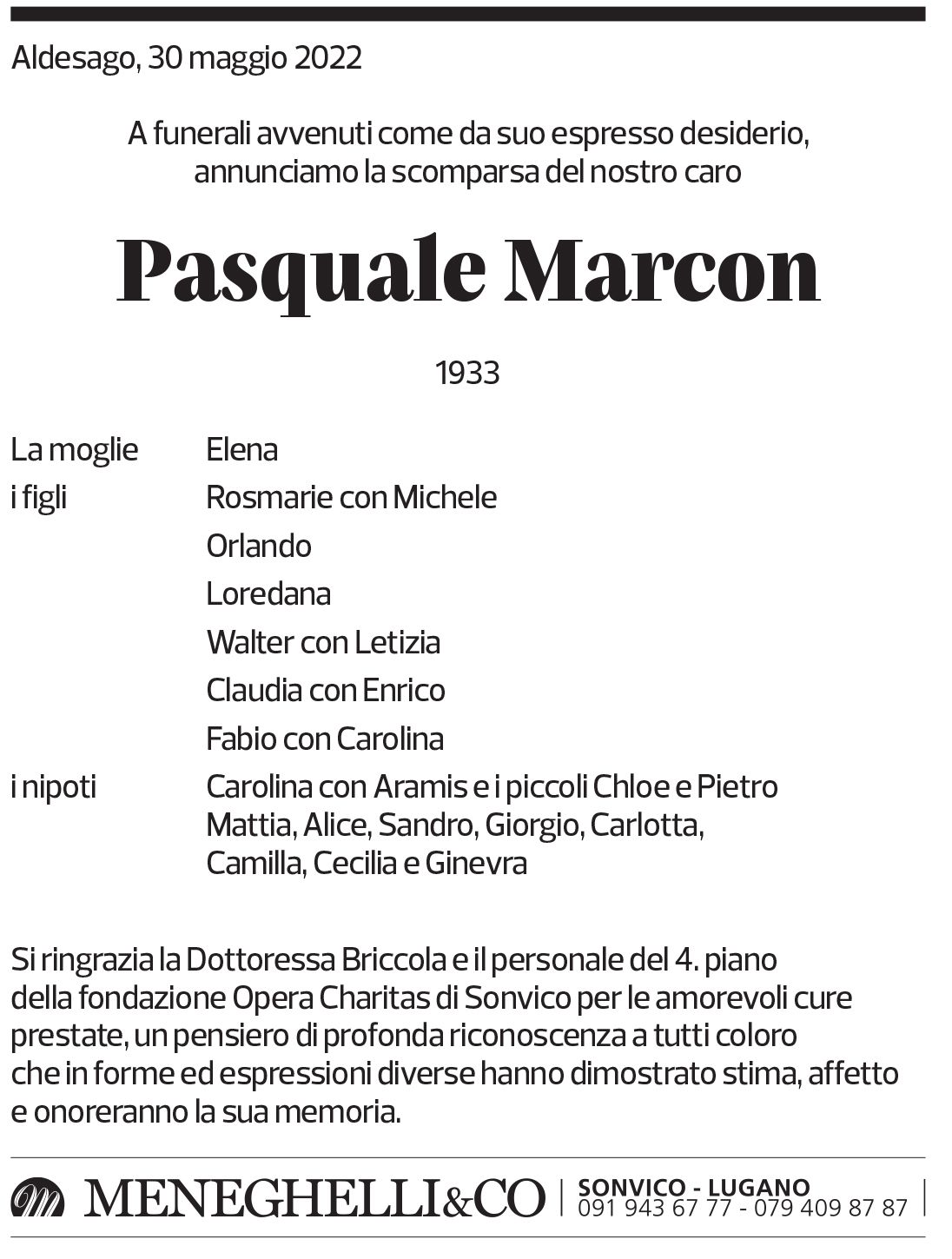 Annuncio funebre Pasquale Marcon