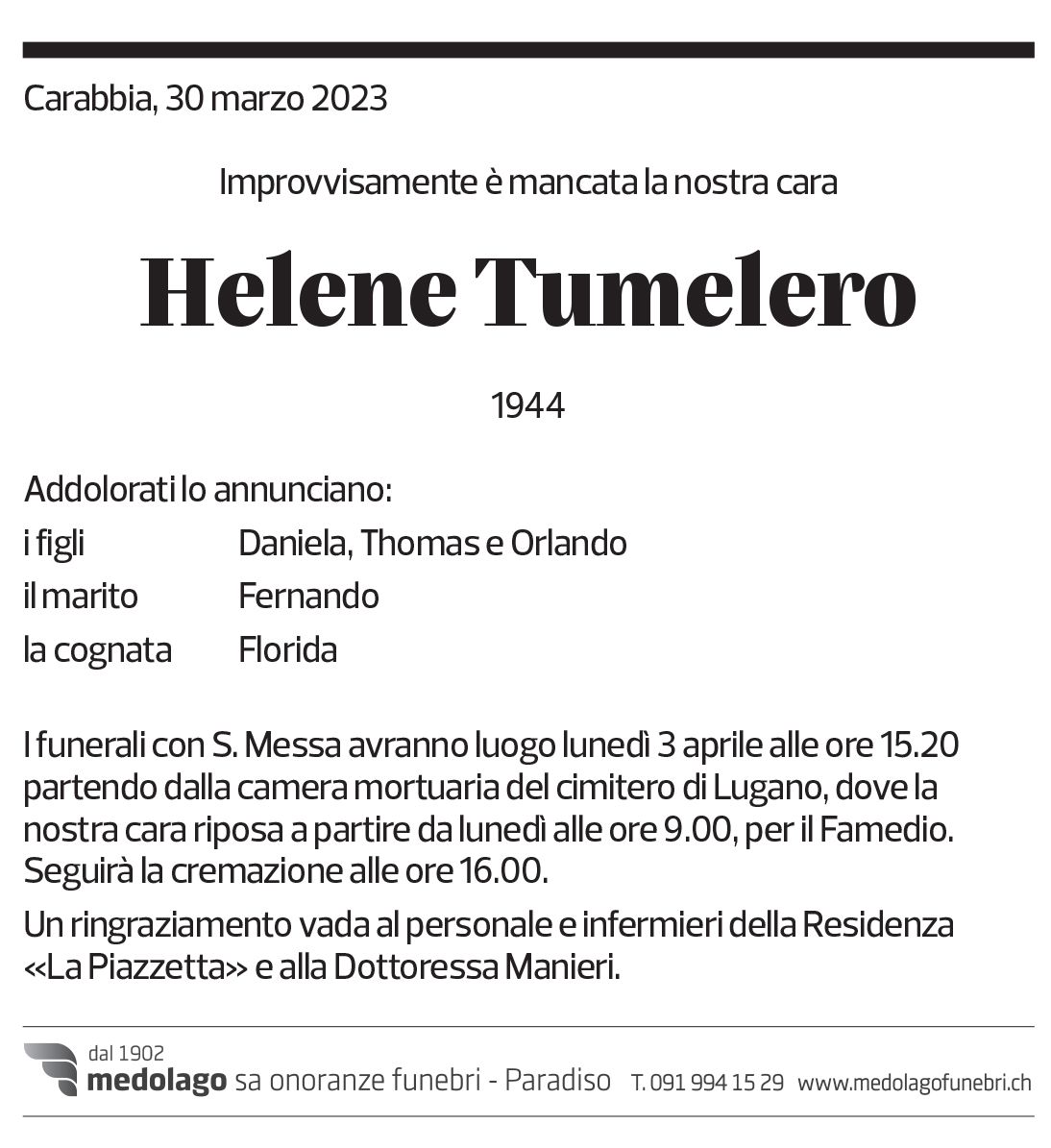 Annuncio funebre Helene Tumelero