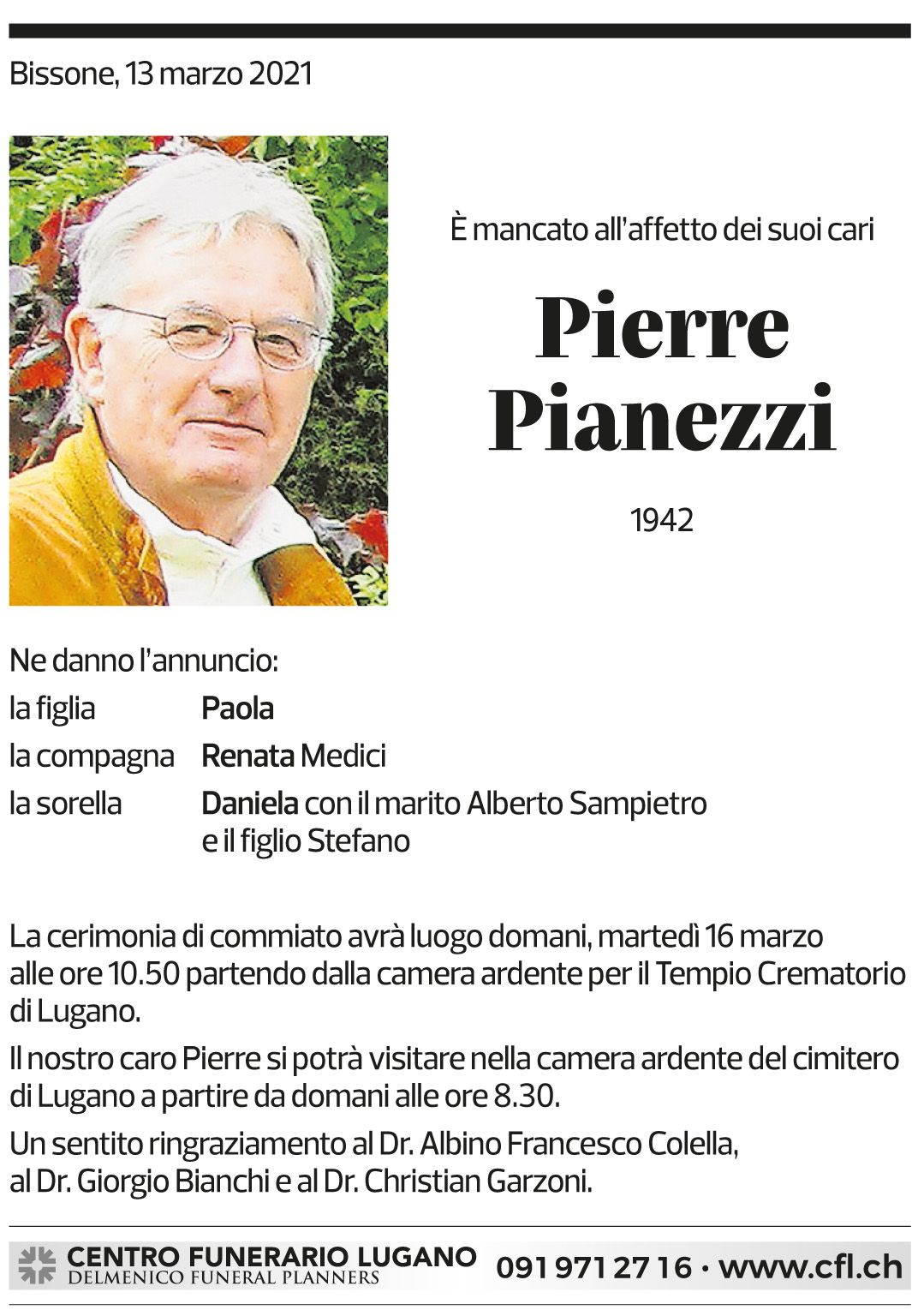 Annuncio funebre Pierre Pianezzi