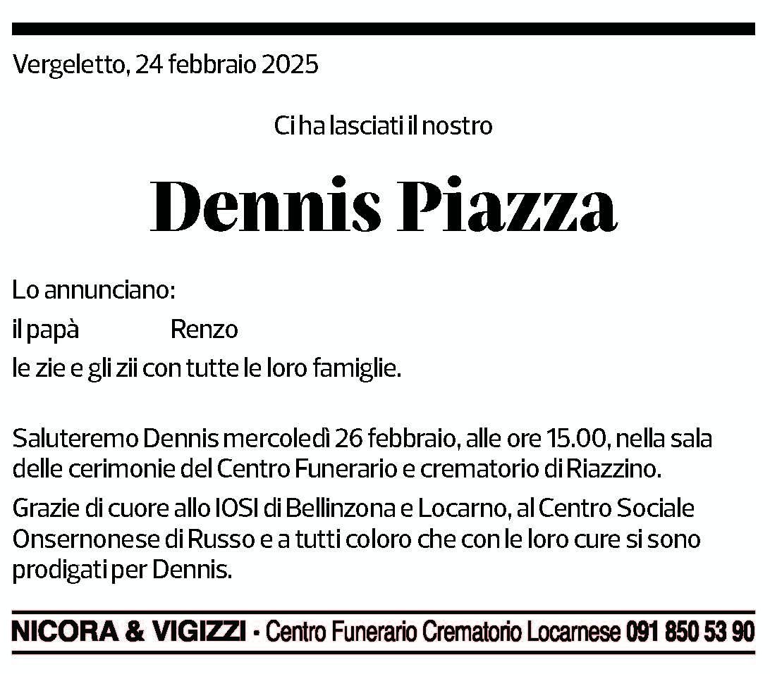 Annuncio funebre Dennis Piazza
