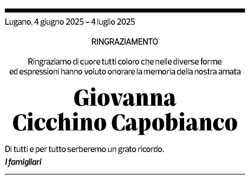 Annuncio funebre Giovanna Cicchino Capobianco