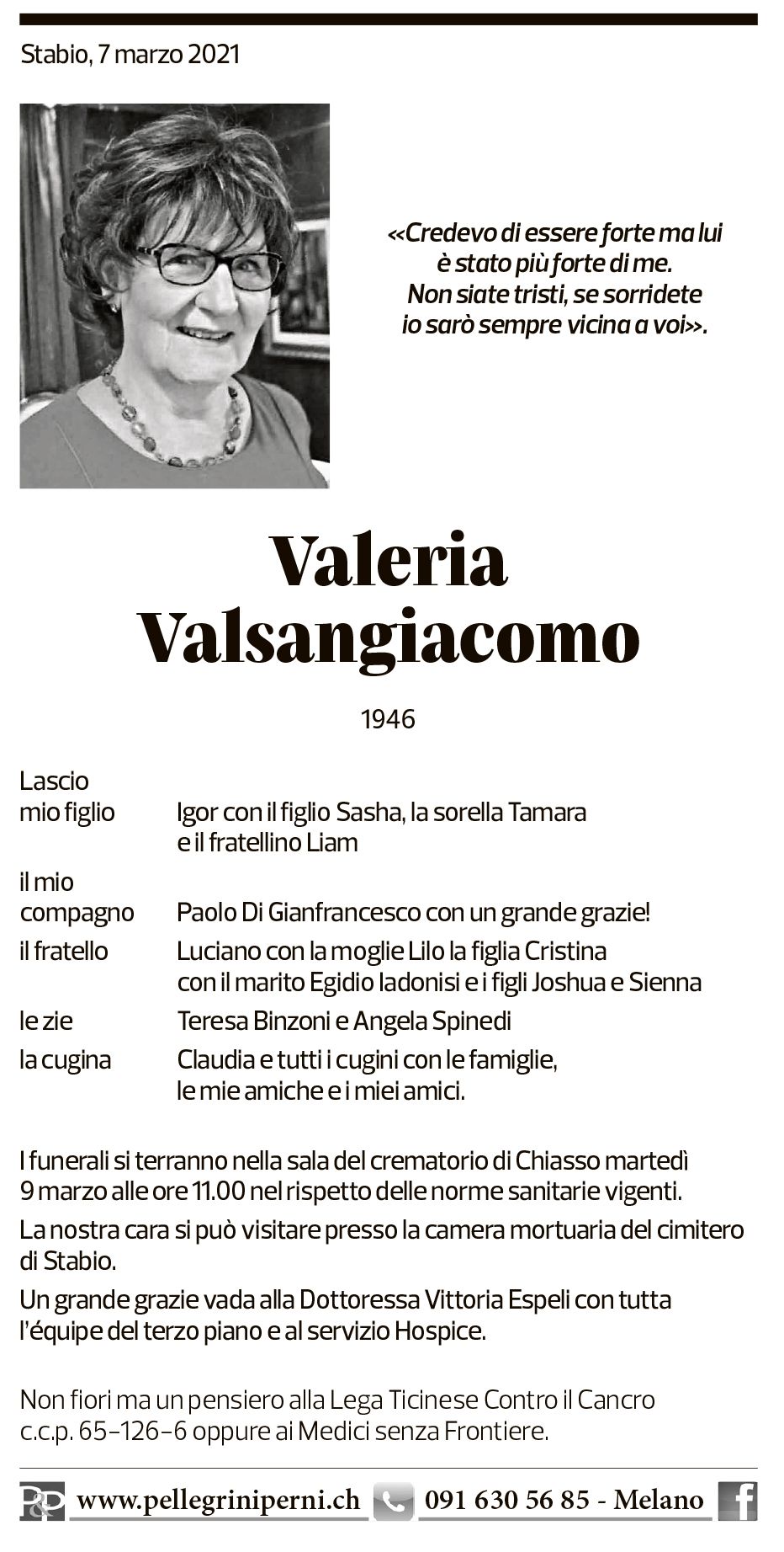 Annuncio funebre Valeria Valsangiacomo