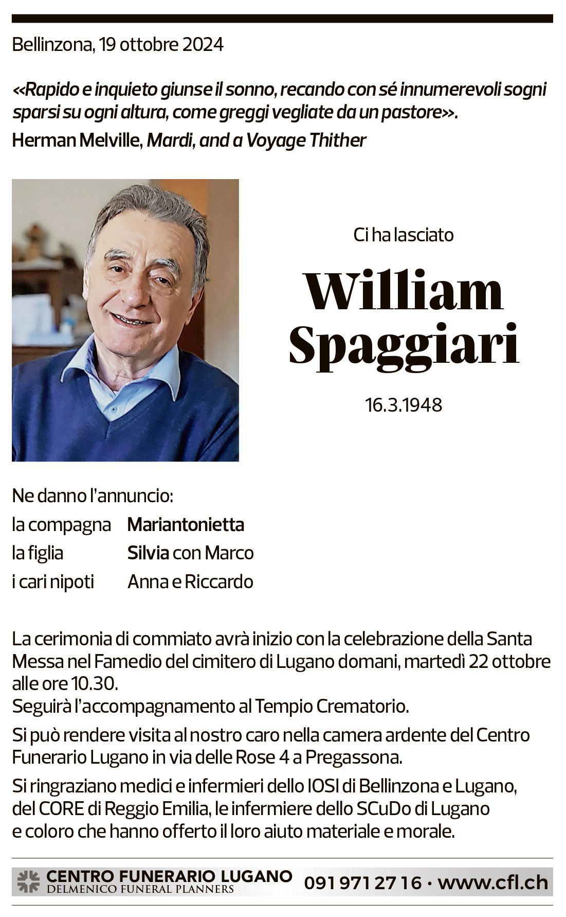 Annuncio funebre William Spaggiari