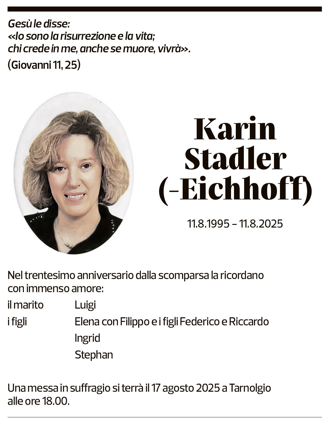 Annuncio funebre Karin Stadler-eichoff
