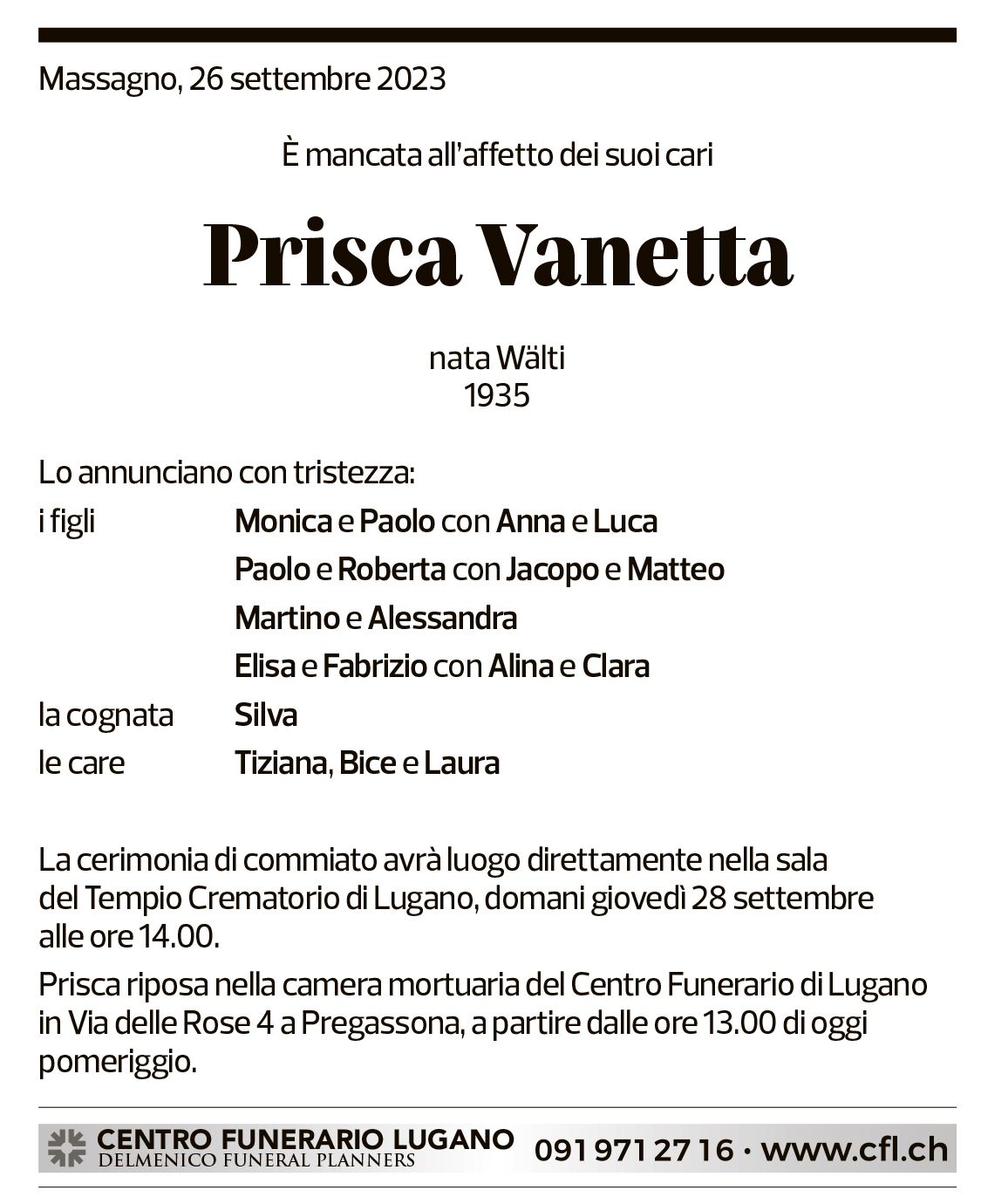 Annuncio funebre Prisca Vanetta