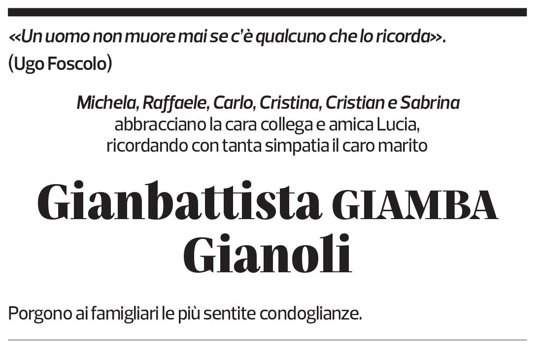 Annuncio funebre Gianbattista Gianoli