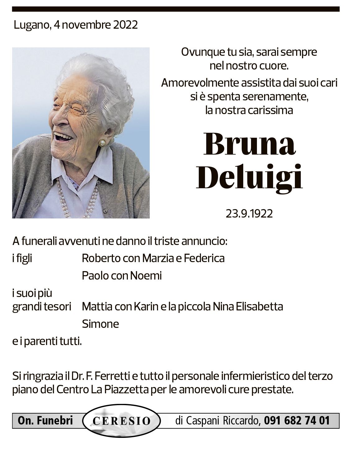 Annuncio funebre Bruna Deluigi