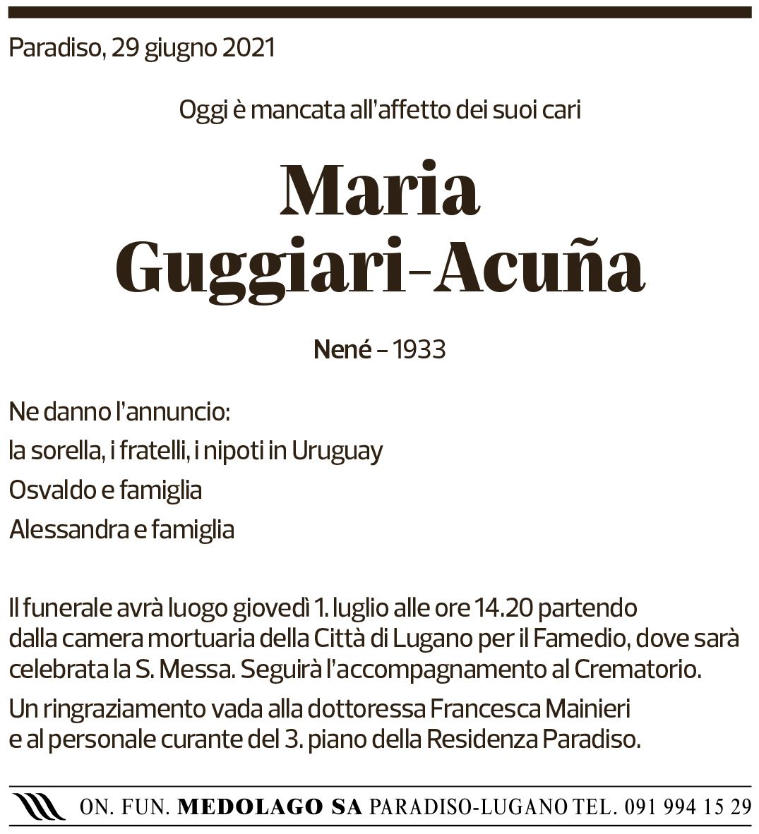 Annuncio funebre Maria Guggiari-acuña