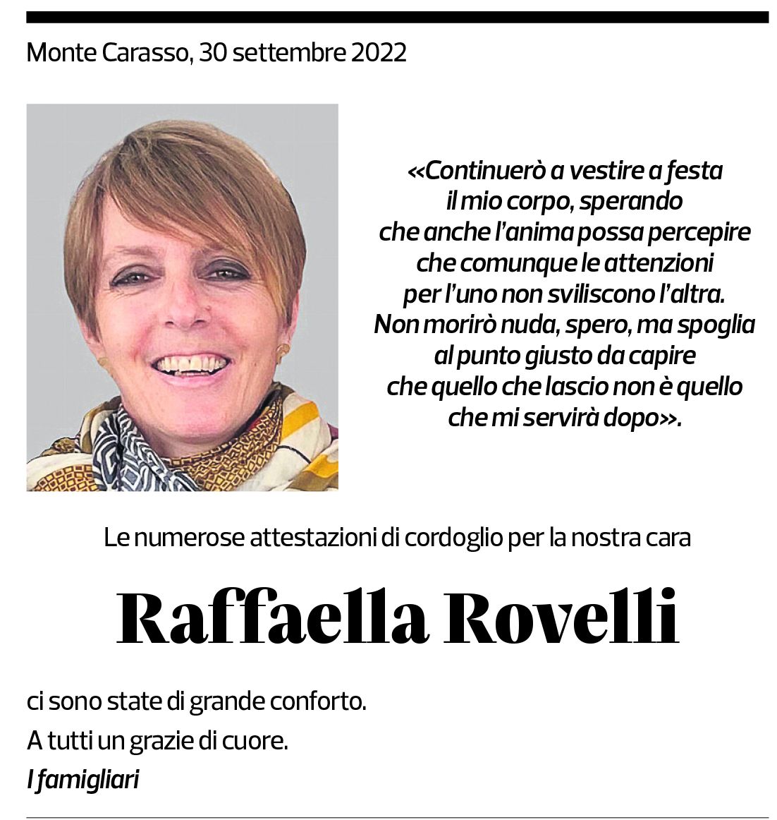 Annuncio funebre Raffaella Rovelli