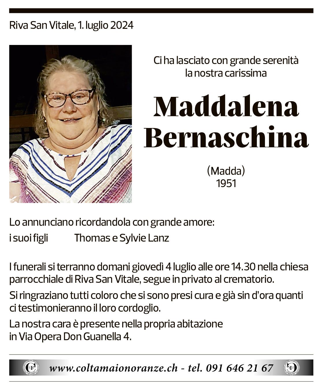 Annuncio funebre Maddalena Bernaschina