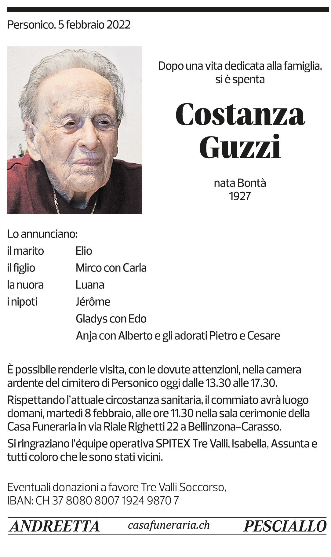 Annuncio funebre Costanza Guzzi