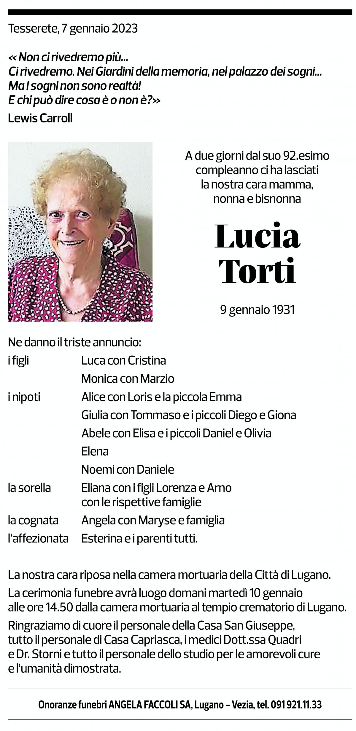 Annuncio funebre Lucia Torti