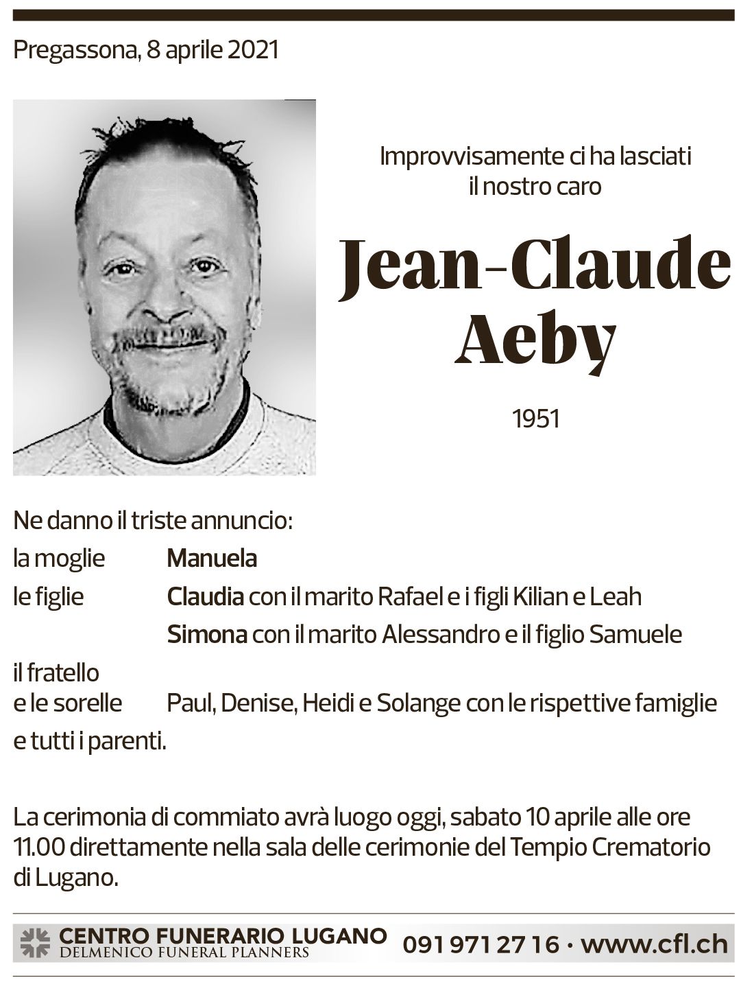 Annuncio funebre Jean-clode Aeby