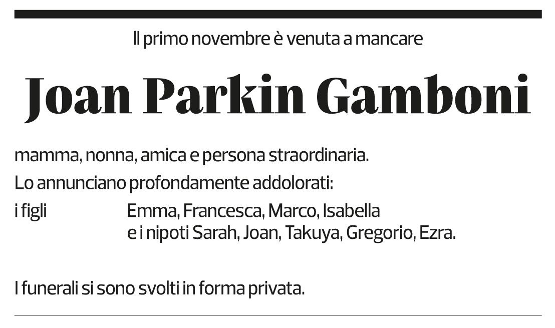 Annuncio funebre Joan Parkin Gamboni