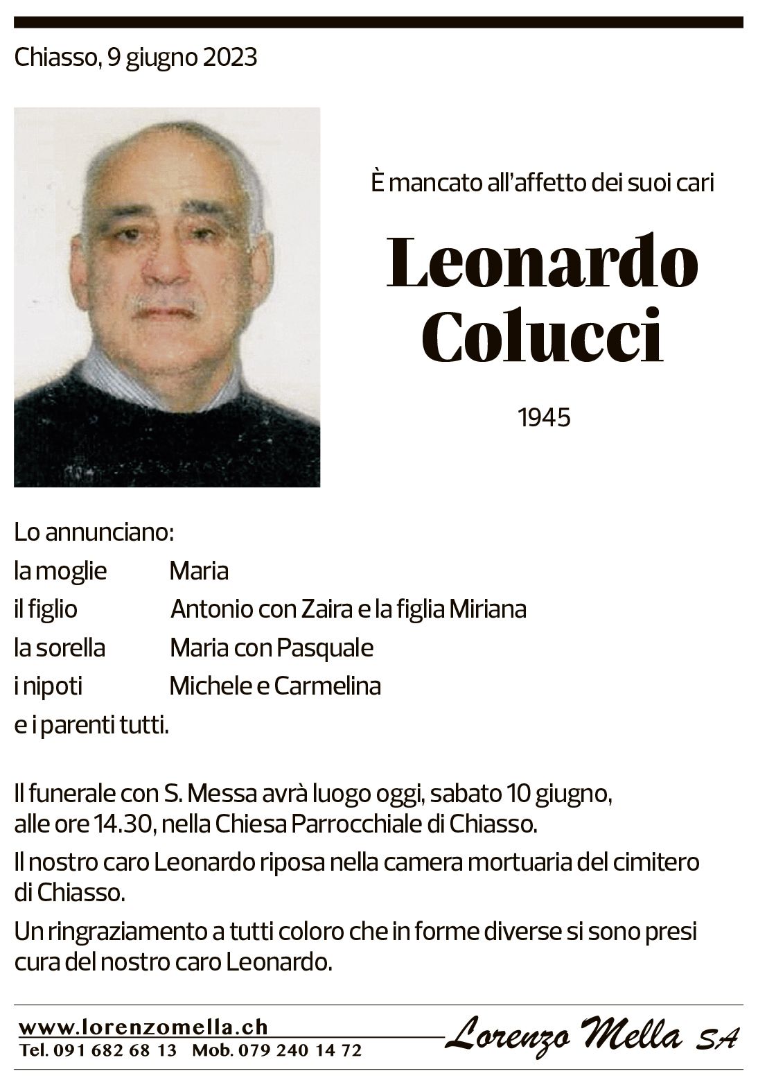 Annuncio funebre Leonardo Colucci