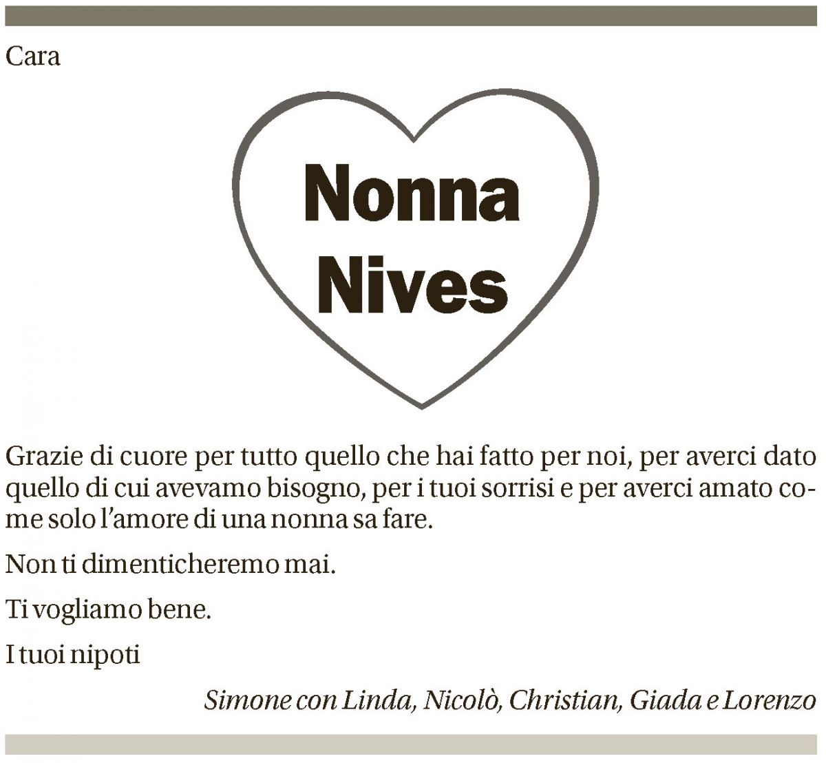 Annuncio funebre Nives Tabacchi