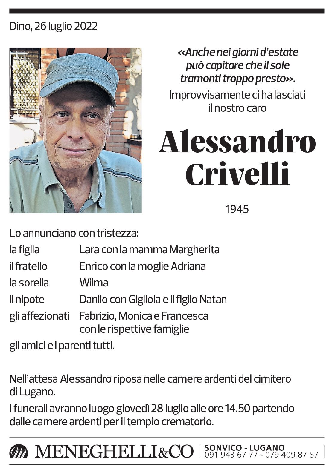 Annuncio funebre Alessandro Crivelli