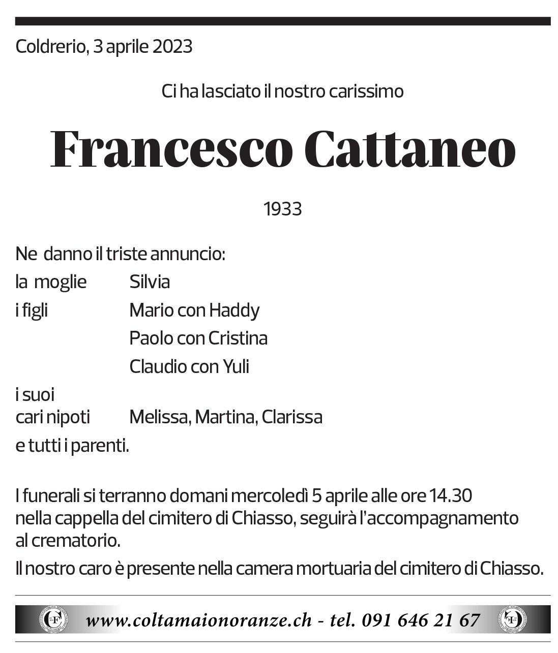 Annuncio funebre Francesco Cattaneo