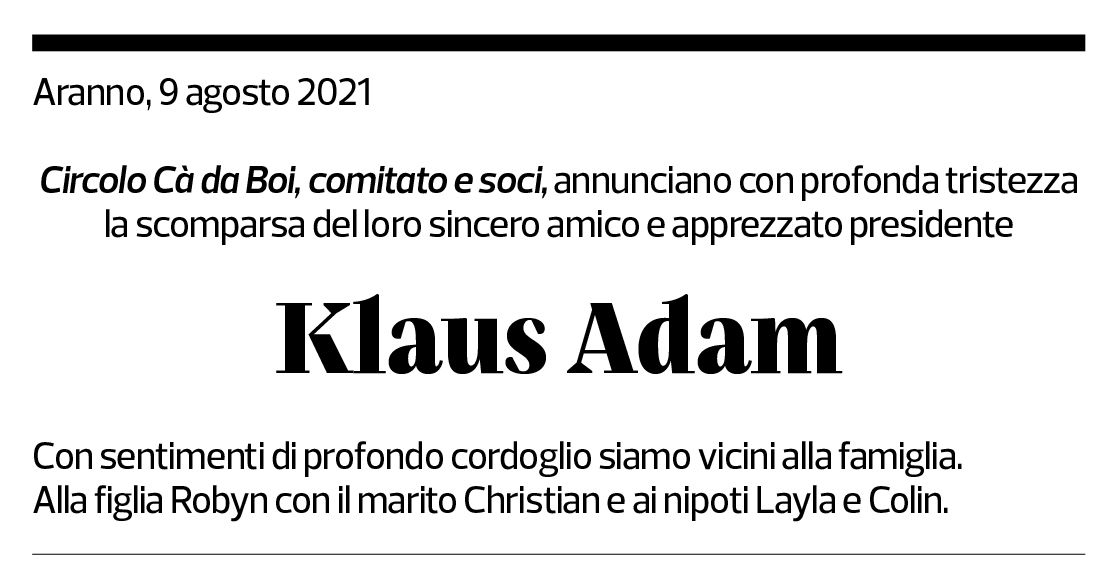 Annuncio funebre Klaus Adam