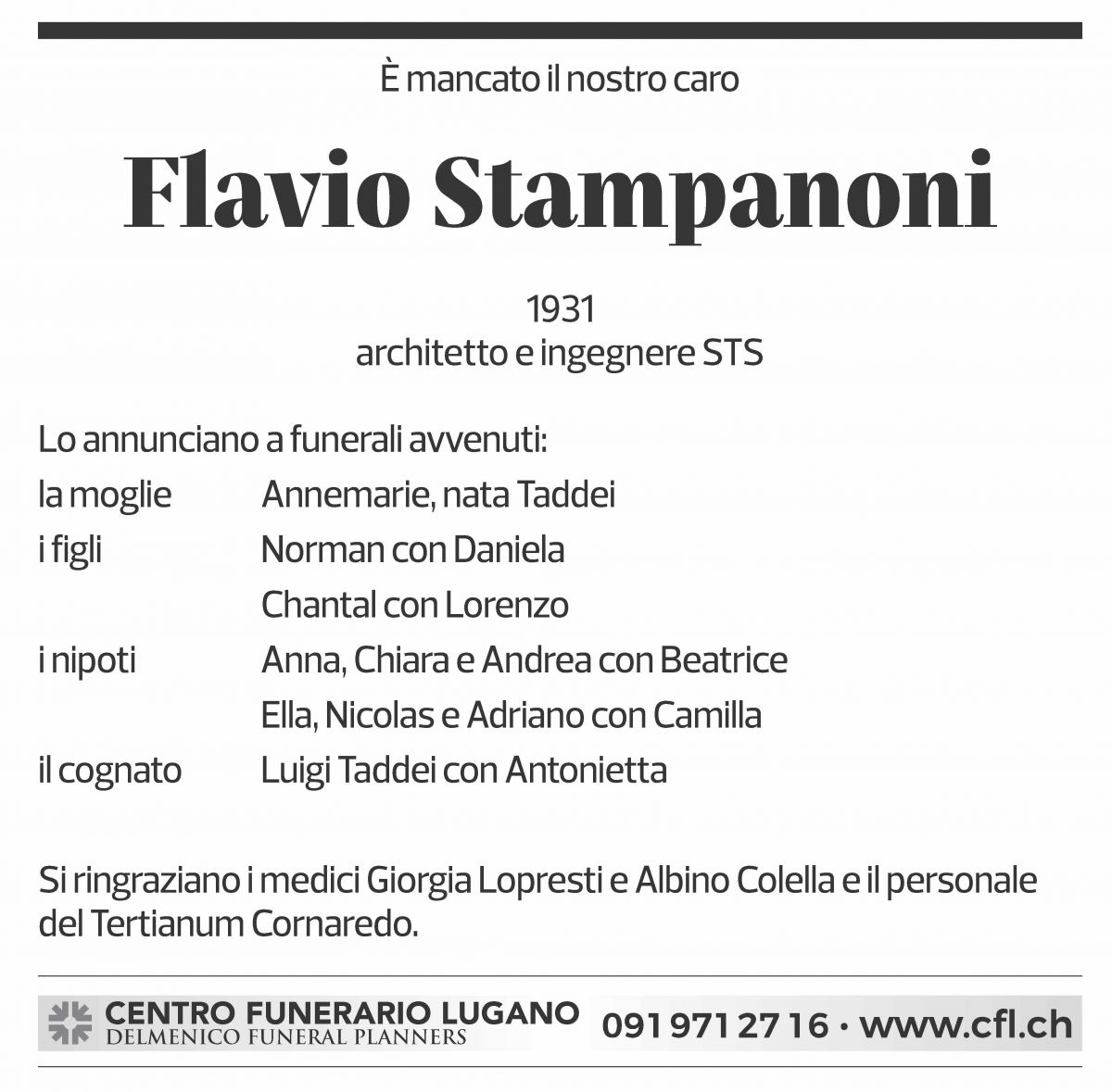 Annuncio funebre Flavio Stampanoni