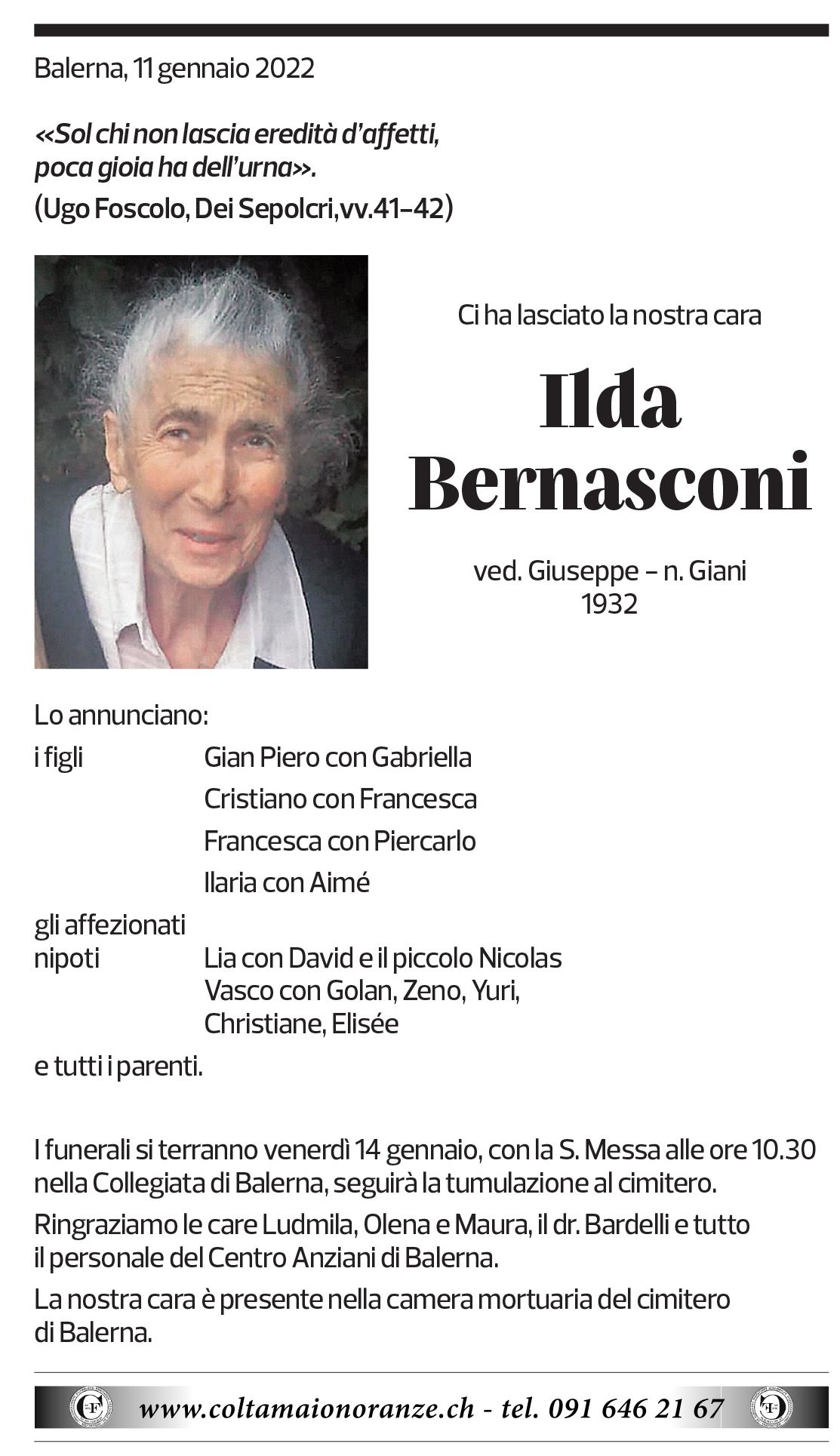 Annuncio funebre Ilda Bernasconi