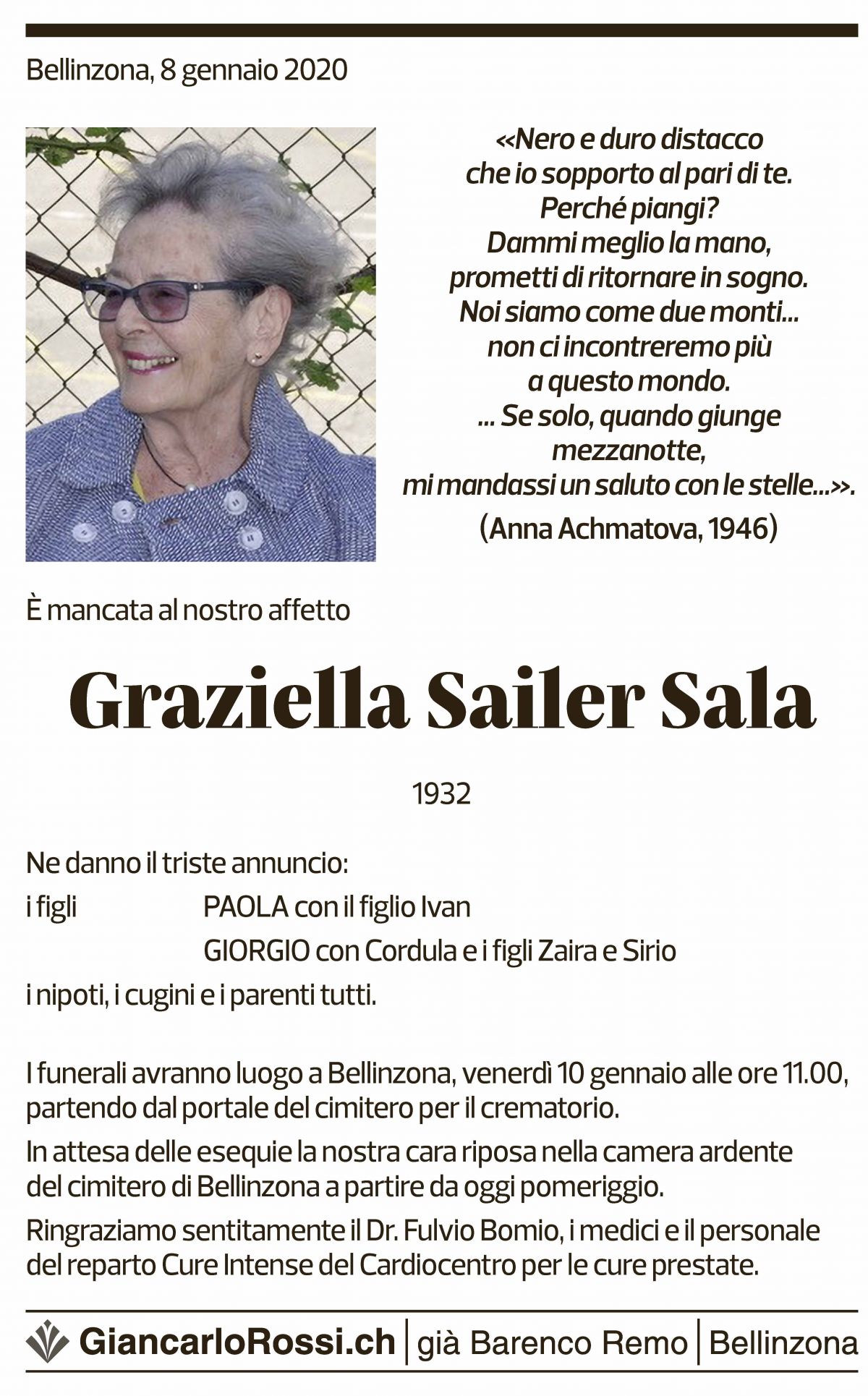 Annuncio funebre Graziella Sailer Sala