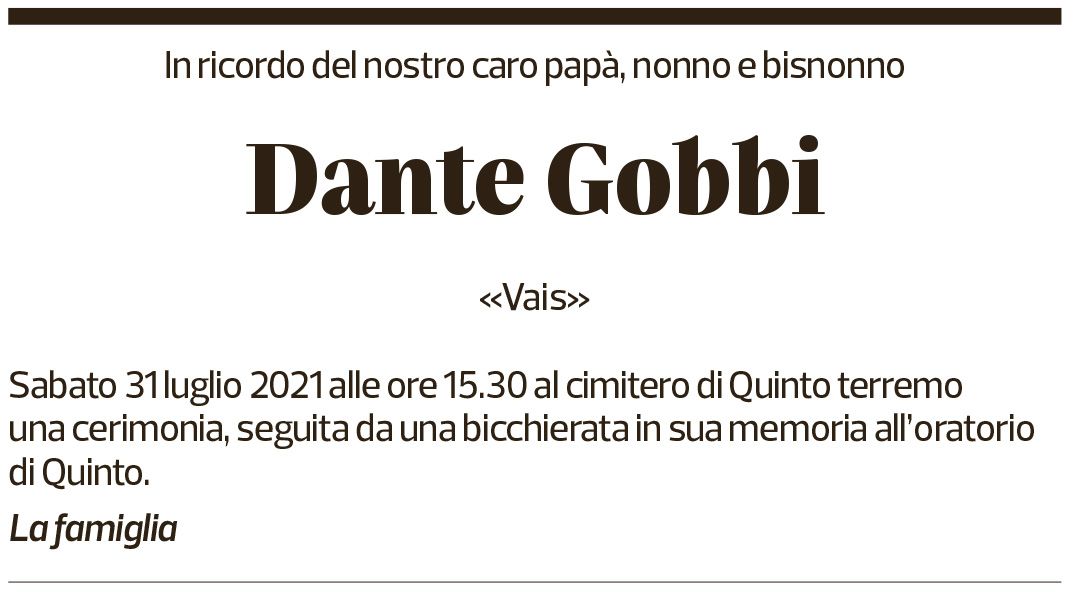 Annuncio funebre Dante Gobbi